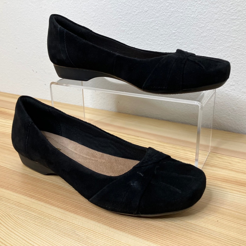 Clarks Cushion Soft Ballet Flats Women 8 M Black Faux Suede Pleated Round Toe